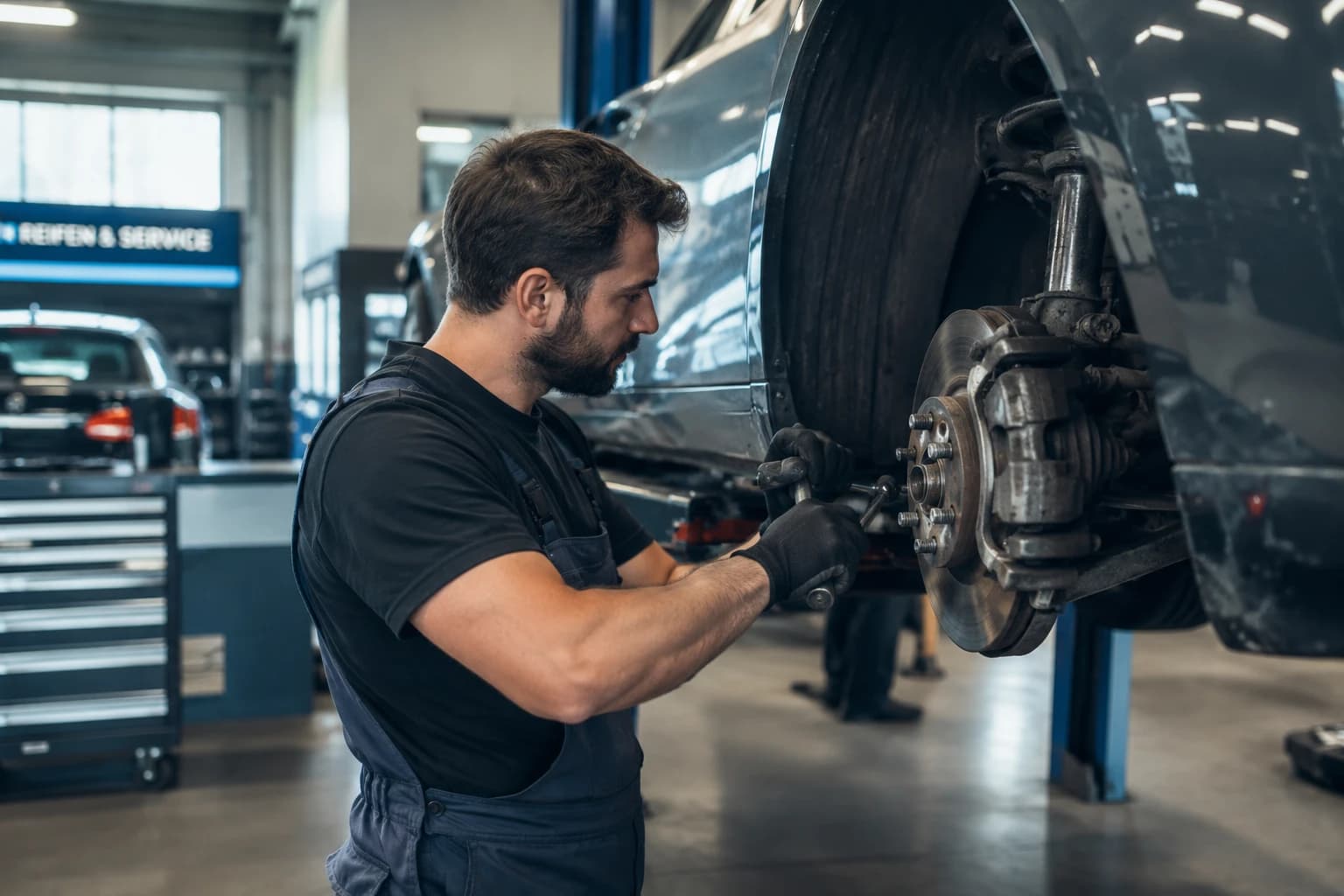 KI-generiertes Bild: Ein Mechaniker arbeitet an der Bremse eines Autos auf der Hebebühne.