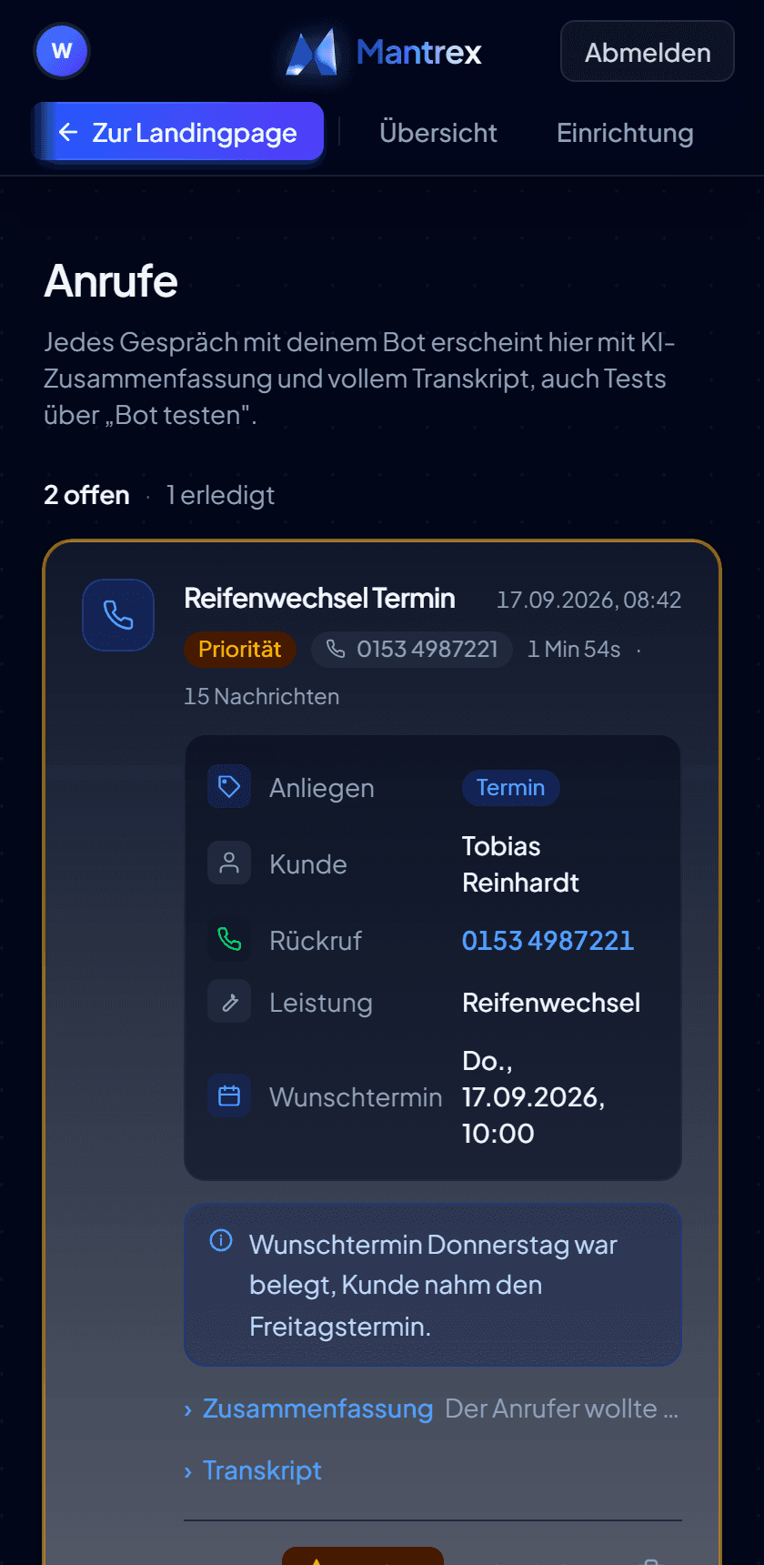 Die Anrufliste auf einem Telefon.