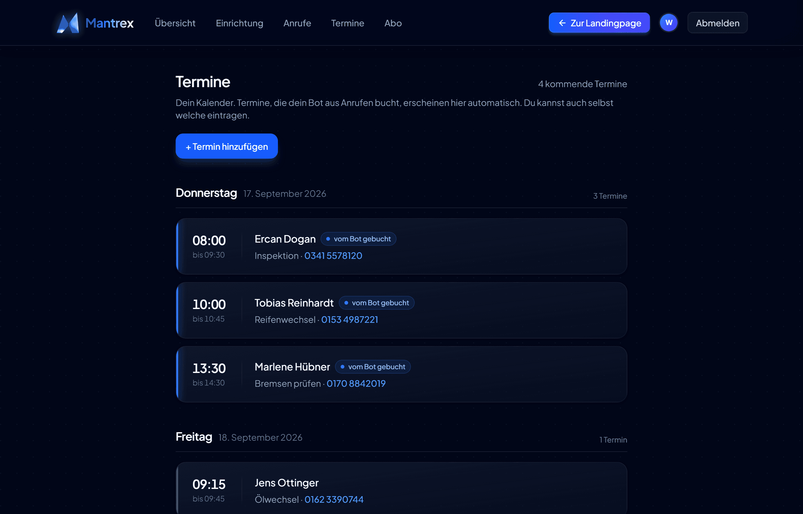 Die Terminliste in der App, nach Tagen gruppiert.
