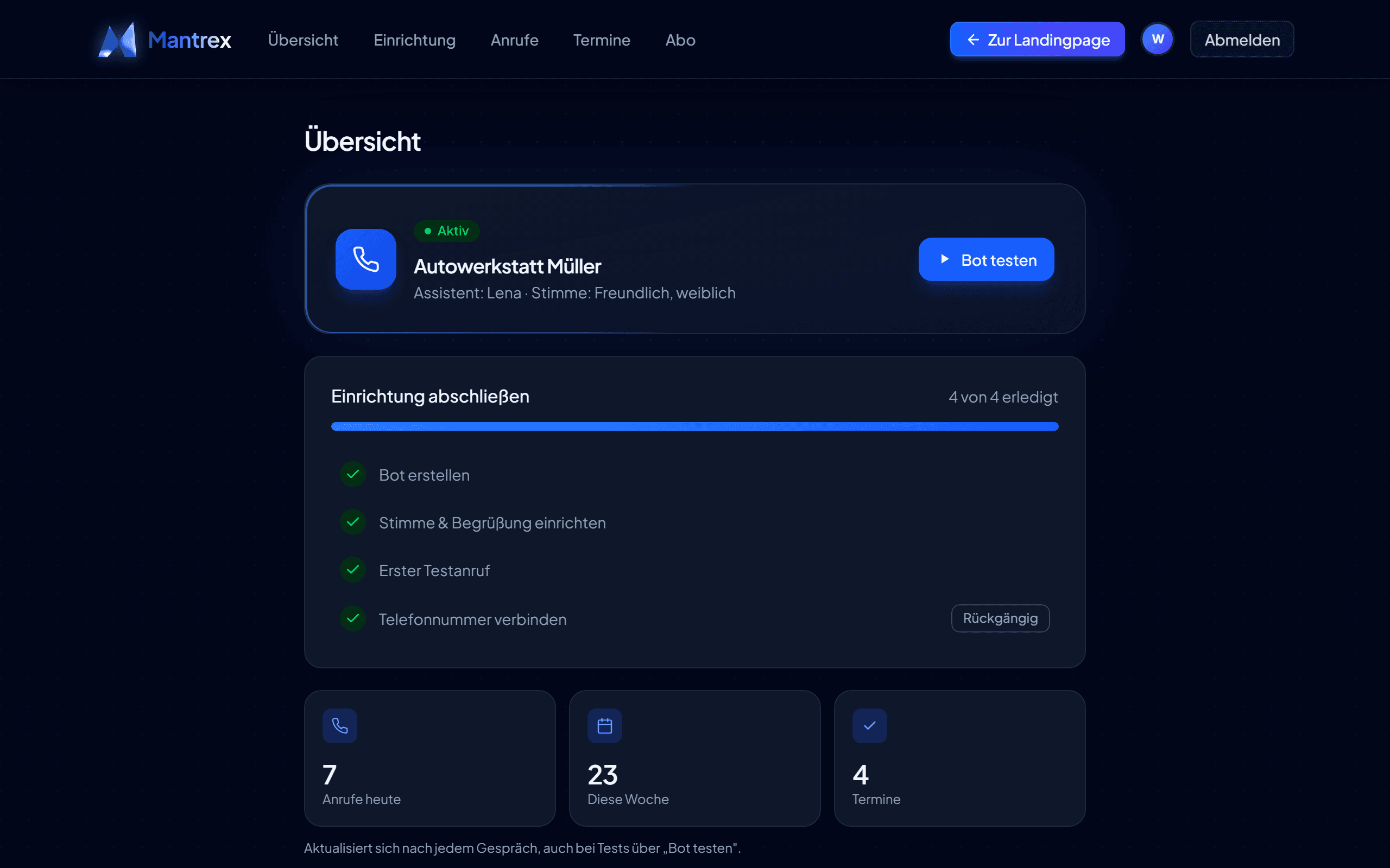 Die Übersicht in der Mantrex-App: Status des Assistenten, Einrichtungs-Fortschritt und die Zahl der Anrufe und Termine.